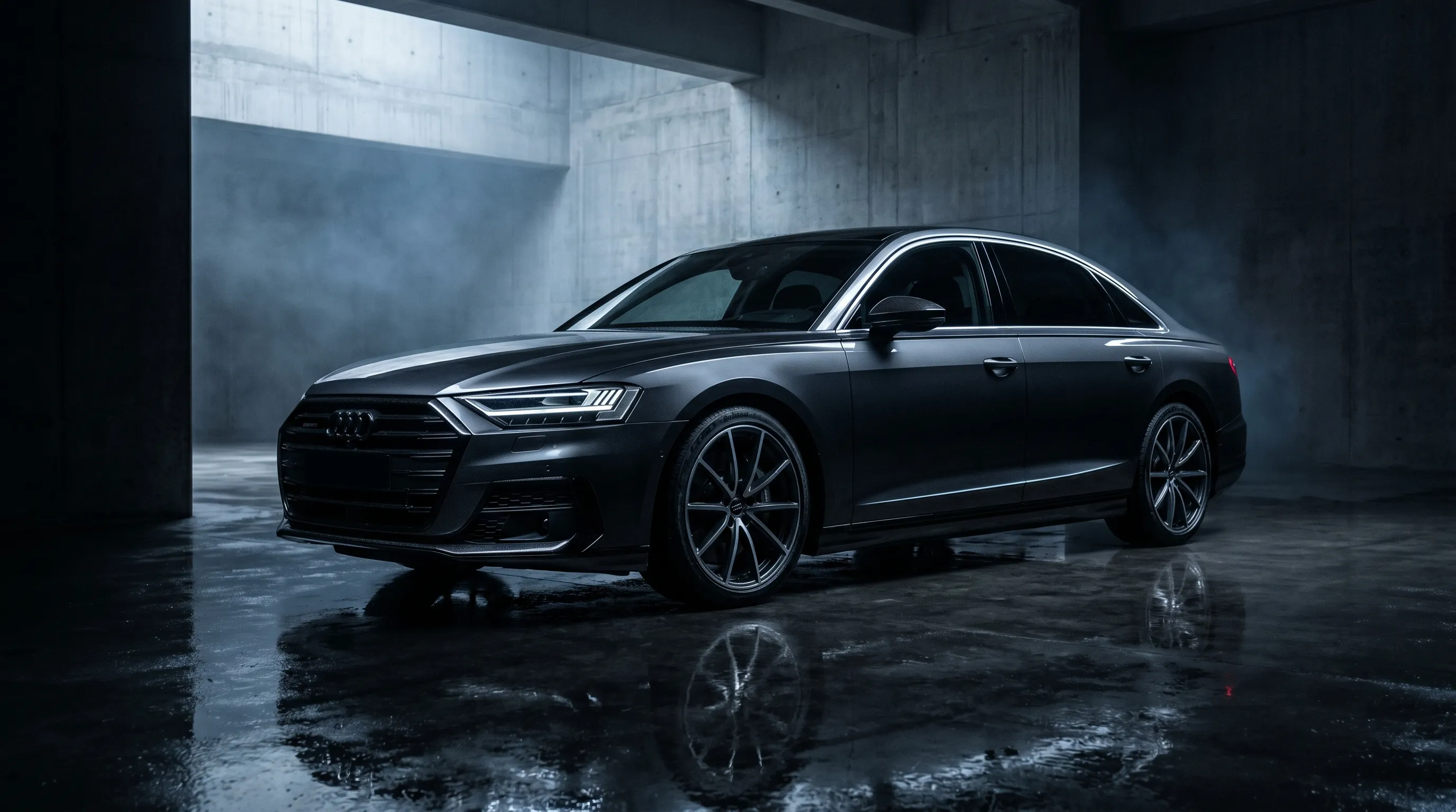 A graphite European luxury sedan in a concrete studio